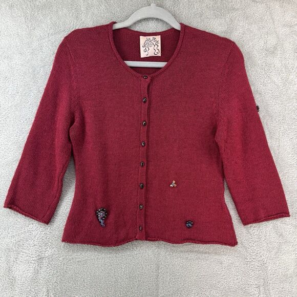 Beverly Mehe Sweater S Red Silk Knit Cardigan Button Front 3/4 Sleeve Rhinestone - Picture 1 of 14